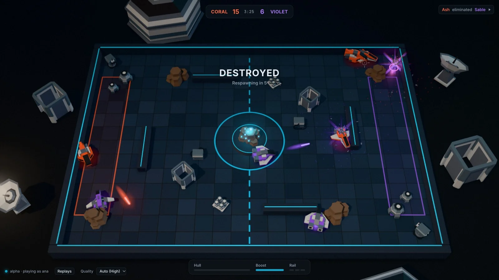 The moment of a kill: the player’s craft is destroyed and waits to respawn while the fight goes on