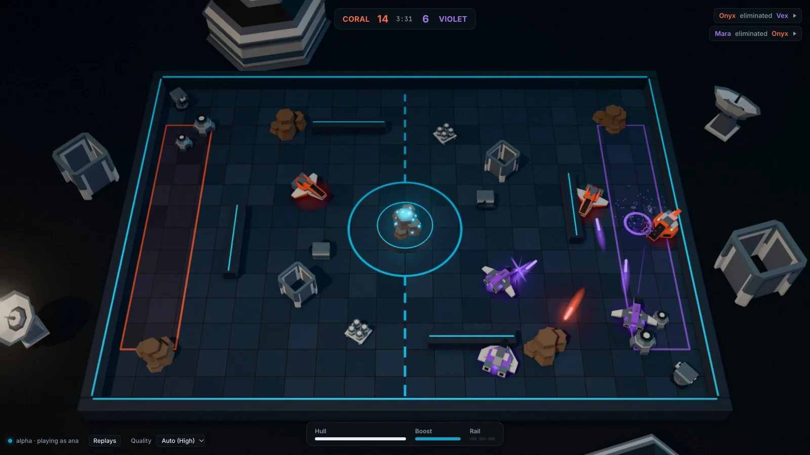 A felix-arena match: Coral and Violet hover-craft trading fire around the crystal at the centre of the arena, with the score, the kill feed and the hull and boost bars