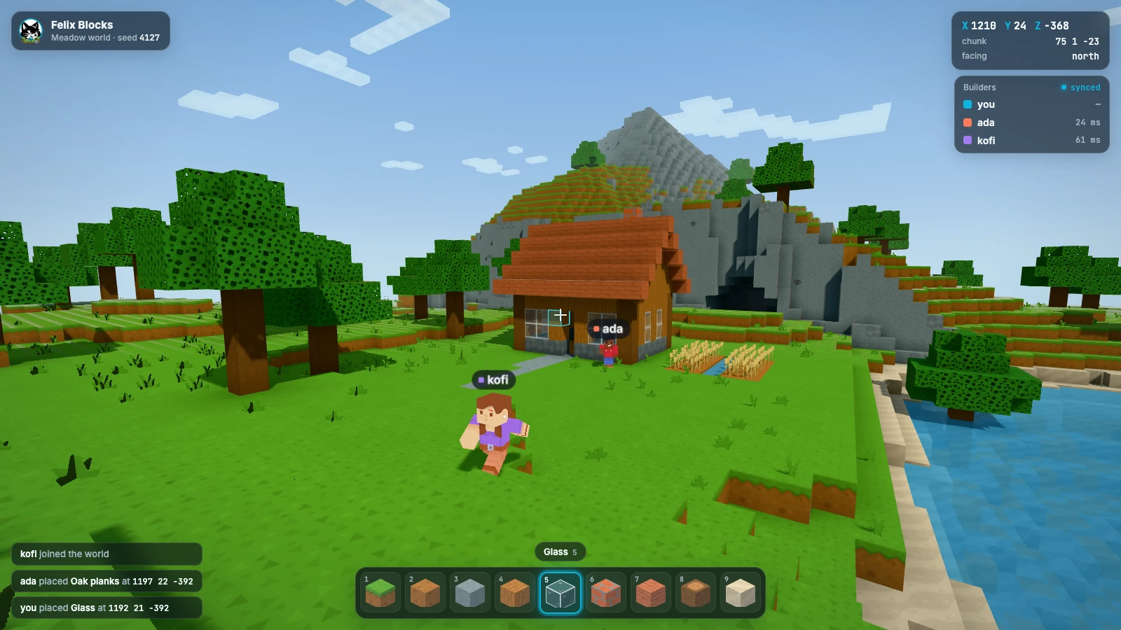 felix-blocks style frame by day: a first-person view across a meadow to a wooden house with a red roof, two other players with name tags, a lake and a mountain behind
