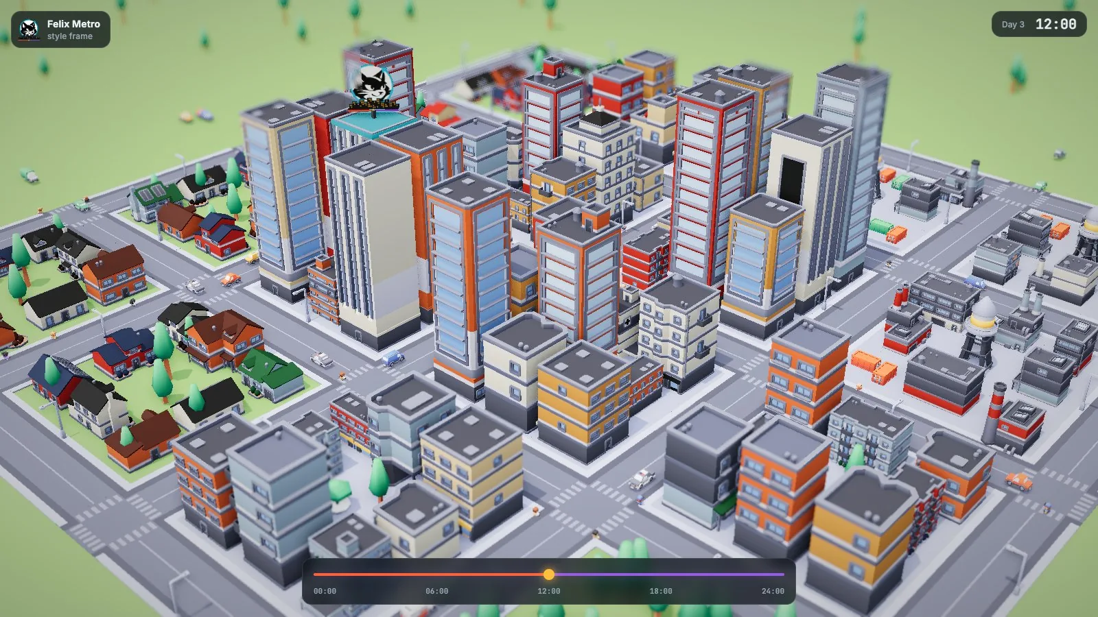felix-metro style frame at noon: suburbs, downtown towers and an industrial district on a road grid, seen from above through a tilt-shift lens