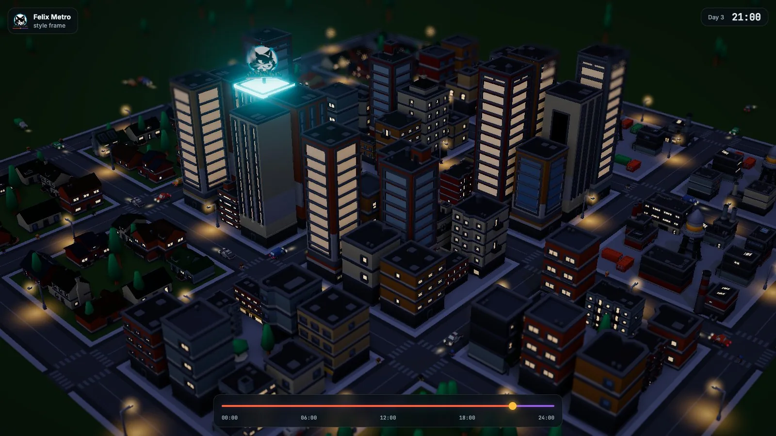 The same city at night, with lit windows, street lights and the Felix tower’s cyan crown